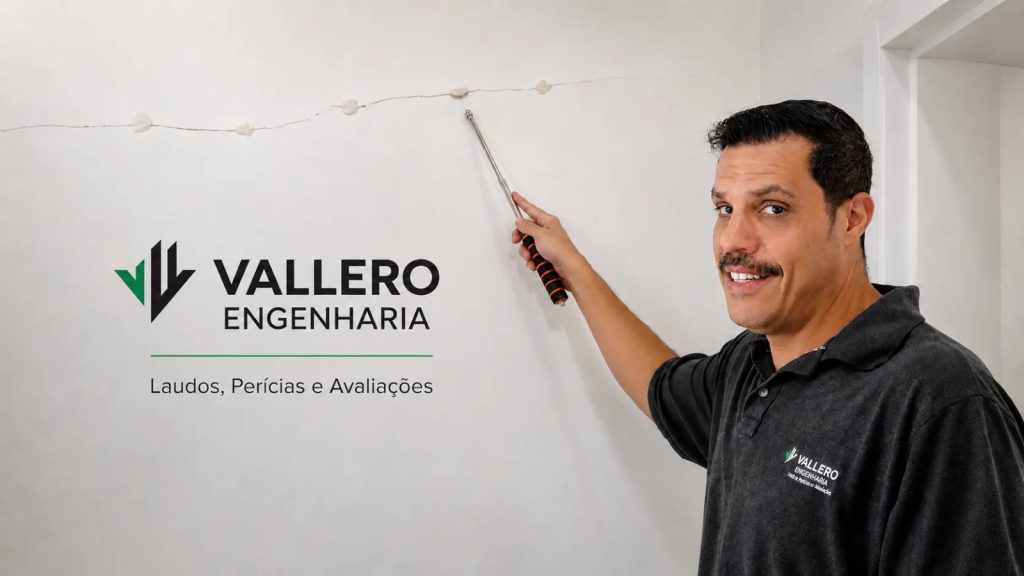 Engenheiro da Vallero Engenharia realizando vistoria técnica de fissuras e trincas em parede de imóvel.